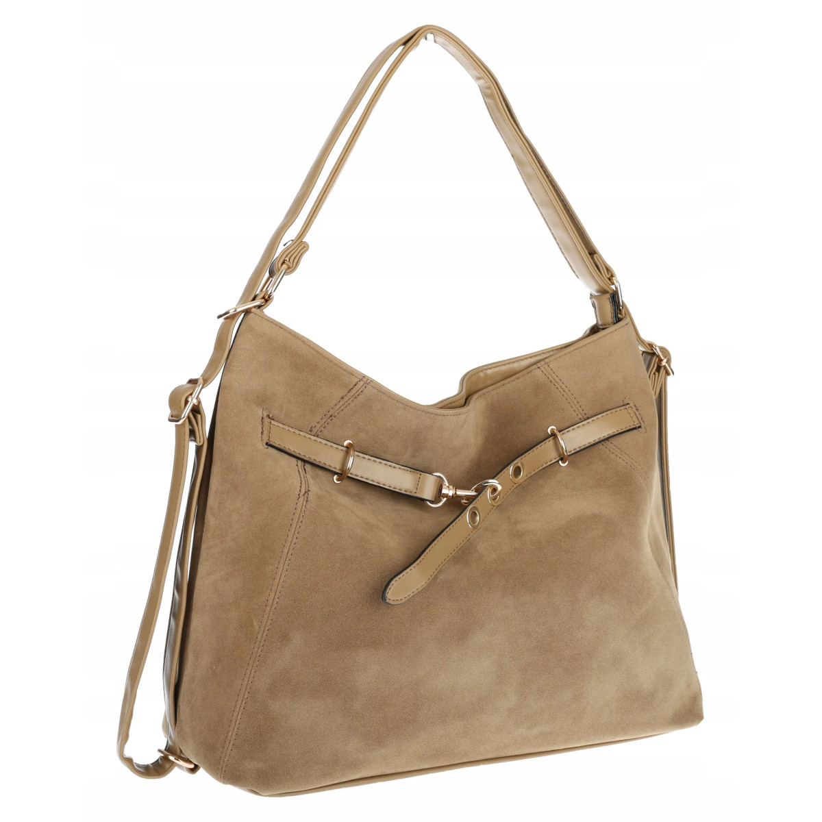 Torebka Damska zamsz Shopper Worek plecak 2w1 Pojemna A4 Torba 88026 Beżowa