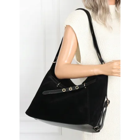 Torebka Damska zamsz Shopper Worek plecak 2w1 Pojemna A4 Torba 88026 Czarna