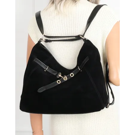 Torebka Damska zamsz Shopper Worek plecak 2w1 Pojemna A4 Torba 88026 Czarna