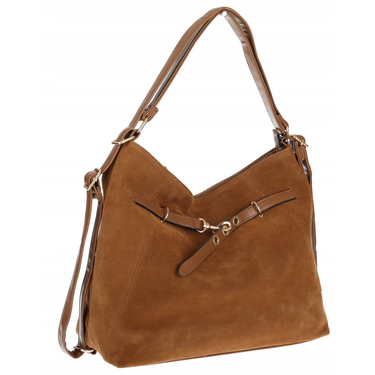 Torebka Damska zamsz Shopperka Worek plecak 2w1 Pojemna Torba 88026 Brązowa