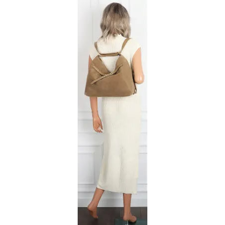 Torebka Damska zamsz Shopper Worek plecak 2w1 Pojemna A4 Torba 88026 Beżowa