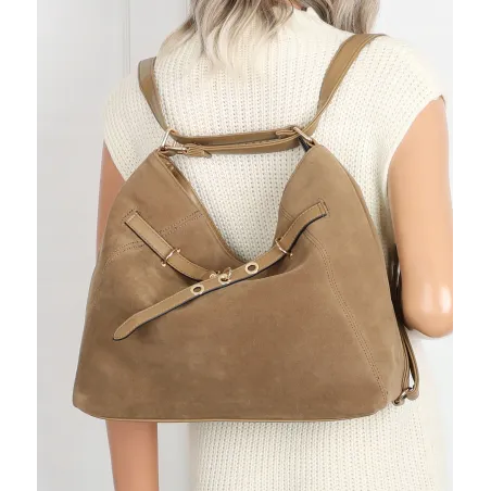 Torebka Damska zamsz Shopper Worek plecak 2w1 Pojemna A4 Torba 88026 Beżowa