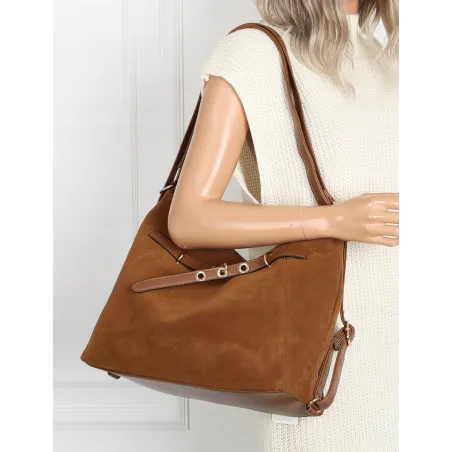 Torebka Damska zamsz Shopperka Worek plecak 2w1 Pojemna Torba 88026 Brązowa