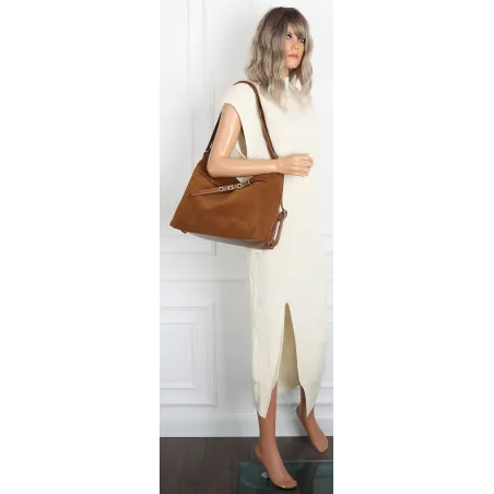 Torebka Damska zamsz Shopperka Worek plecak 2w1 Pojemna Torba 88026 Brązowa