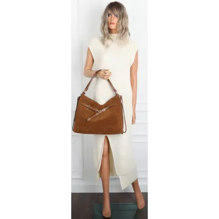 Torebka Damska zamsz Shopperka Worek plecak 2w1 Pojemna Torba 88026 Brązowa