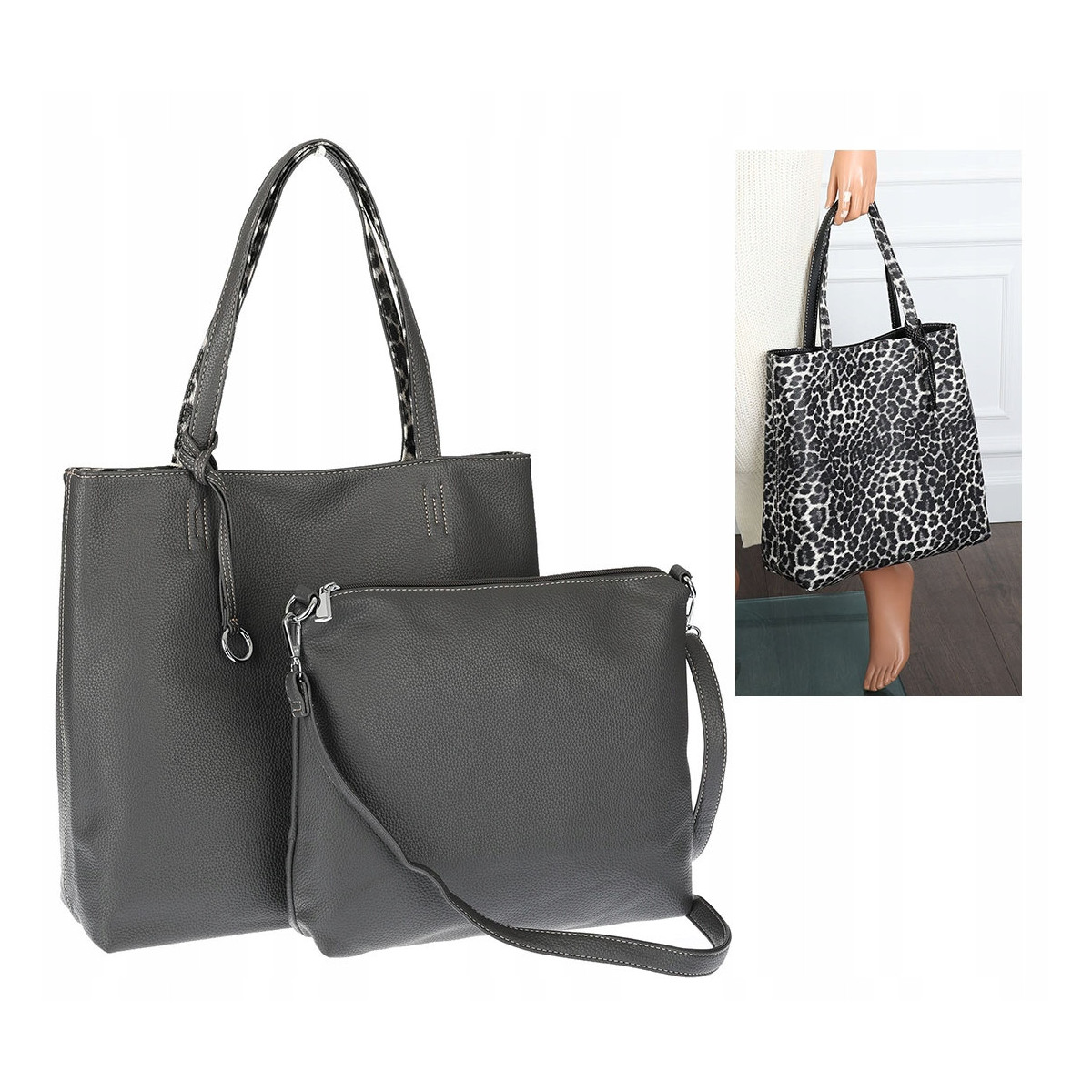 Torebka Damska dwustronna Shopperka 2w1 listonoszka modna WHTS932 Szara