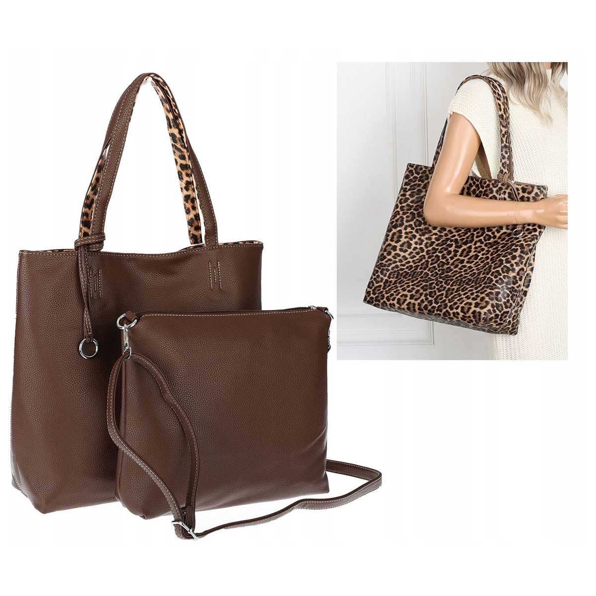 Torebka Damska dwustronna Shopper 2w1 listonoszka modna WHTS932 Czekoladowa