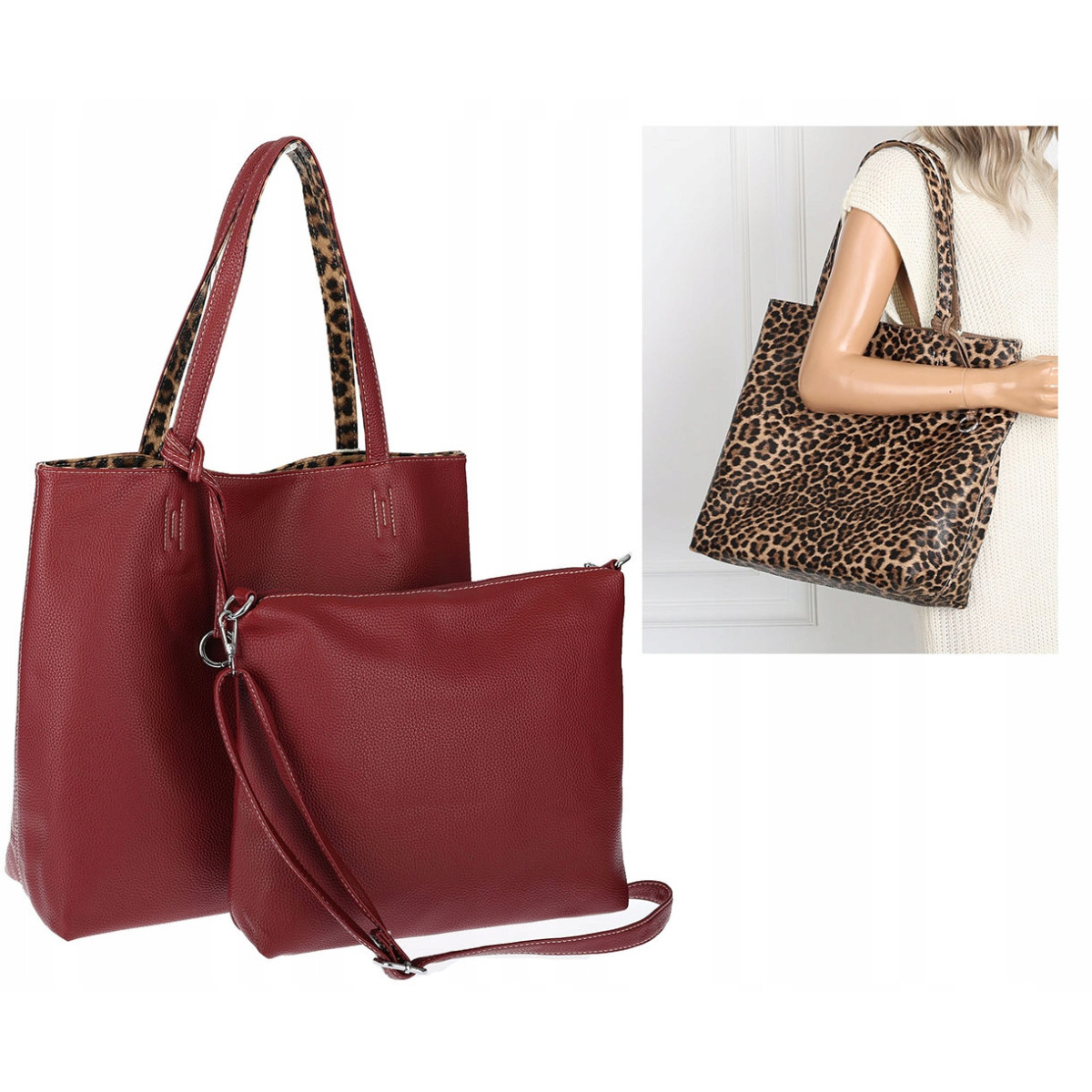 Torebka Damska dwustronna Shopper 2w1 A4 listonoszka modna WHTS932 Bordowa