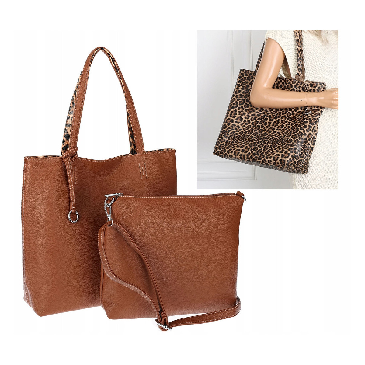 Torebka Damska dwustronna Shopper 2w1 A4 listonoszka modna WHTS932 Brązowa