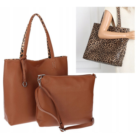 Torebka Damska dwustronna Shopper 2w1 A4 listonoszka modna WHTS932 Brązowa