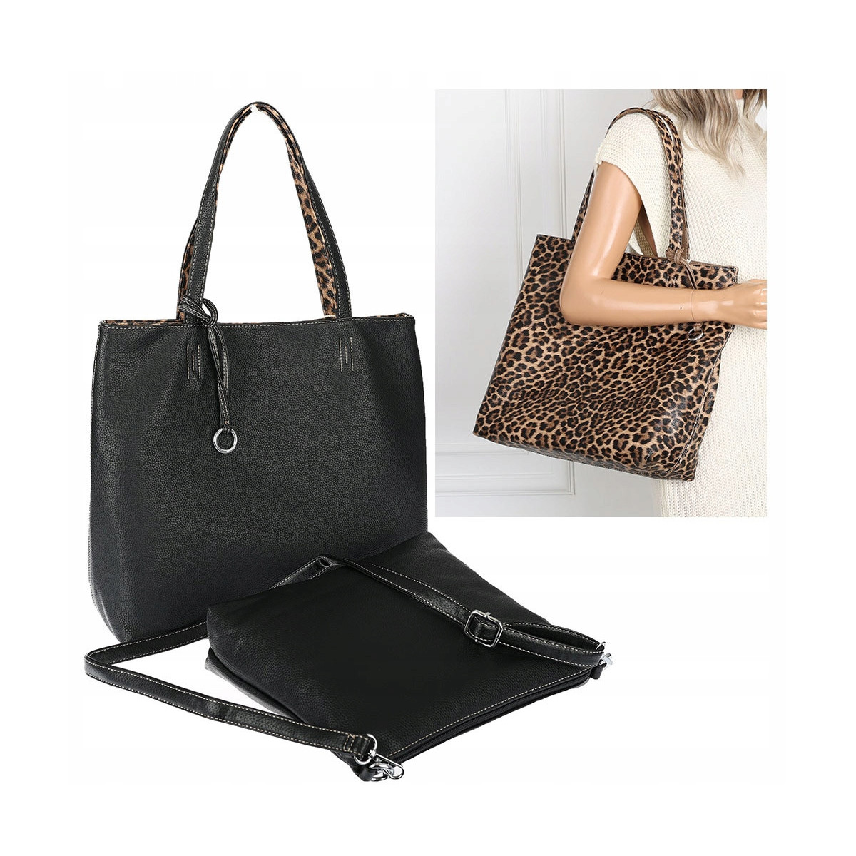 Torebka Damska dwustronna Shopperka 2w1 A4 listonoszka modna WHTS932 Czarna