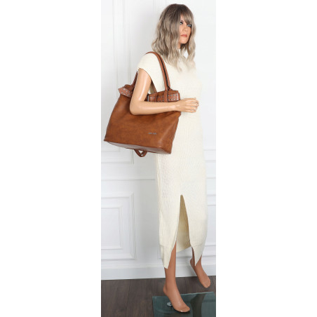 Torebka Damska Shopper worek modna duża torba A4 na Ramię 6866 Brązowa