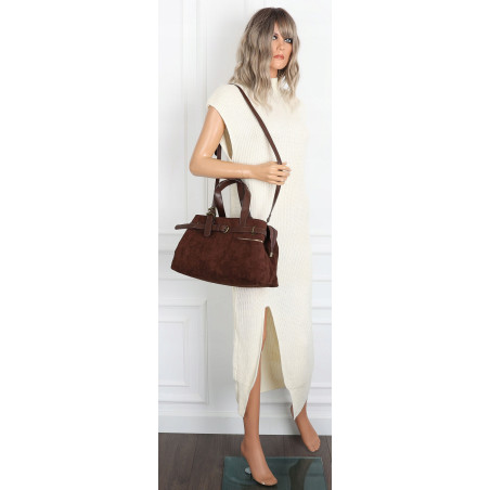 Torebka Damska shopper zamszowa torba jamnik włoska marka 1255 Czekoladowa
