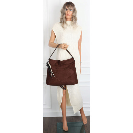 Torebka Damska shopper zamszowa torebka worek włoska marka 8251 Czekoladowa