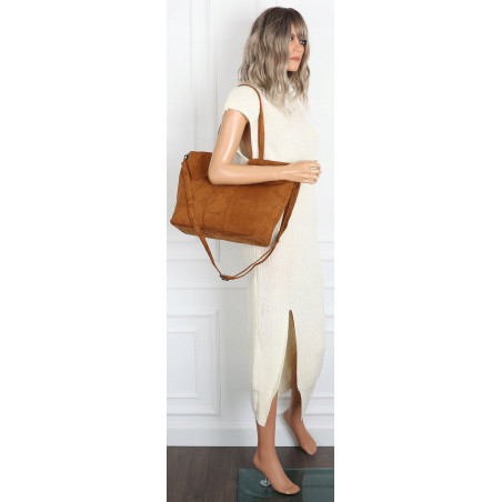 Torebka damska shopper worek zamsz elegancka duża lekka torba H087 Brązowa