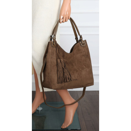 Torebka damska shopper worek zamsz A4 elegancka lekka torba S3999 Brązowa