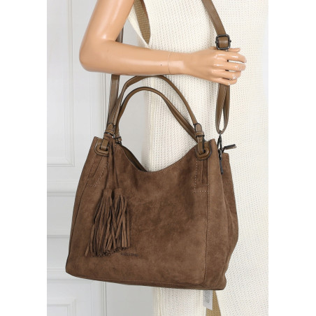 Torebka damska shopper worek zamsz A4 elegancka lekka torba S3999 Brązowa