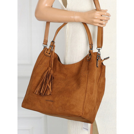 Torebka damska shopper worek zamsz A4 elegancka lekka torba S3999 Brązowa