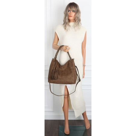 Torebka damska shopper worek zamsz A4 elegancka lekka torba S3999 Brązowa