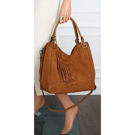 Torebka damska shopper worek zamsz A4 elegancka lekka torba S3999 Brązowa