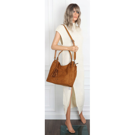 Torebka damska shopper worek zamsz A4 elegancka lekka torba S3999 Brązowa