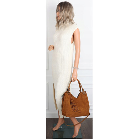 Torebka damska shopper worek zamsz A4 elegancka lekka torba S3999 Brązowa