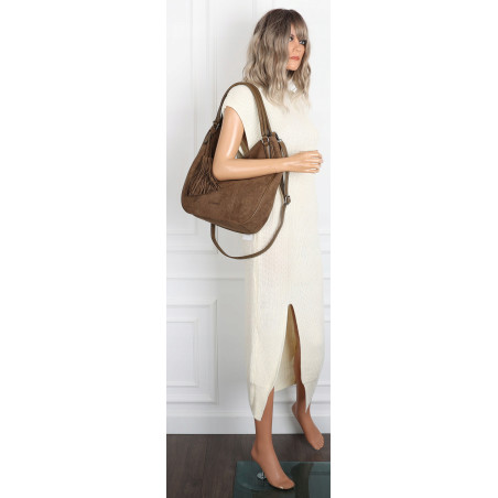 Torebka damska shopper worek zamsz elegancka lekka duża torba S398 Brązowa