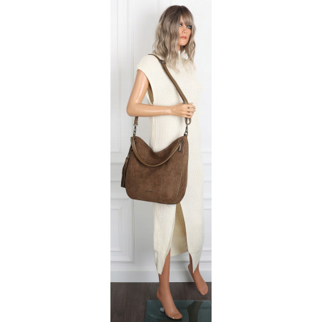 Torebka damska shopper worek zamsz elegancka lekka duża torba S398 Brązowa
