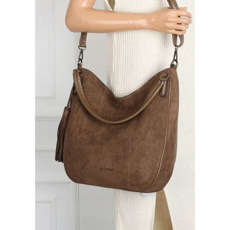 Torebka damska shopper worek zamsz elegancka lekka duża torba S398 Brązowa