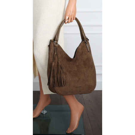 Torebka damska shopper worek zamsz elegancka lekka duża torba S398 Brązowa