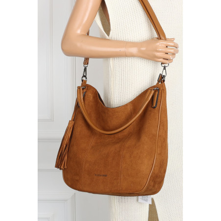 Torebka damska shopper worek zamsz A4 elegancka lekka torba S398 Brązowa