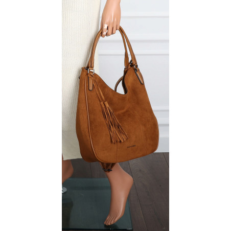 Torebka damska shopper worek zamsz A4 elegancka lekka torba S398 Brązowa