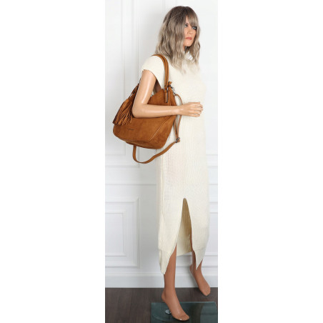 Torebka damska shopper worek zamsz A4 elegancka lekka torba S398 Brązowa