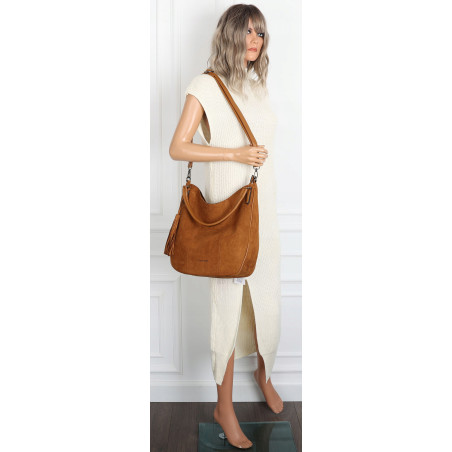 Torebka damska shopper worek zamsz A4 elegancka lekka torba S398 Brązowa