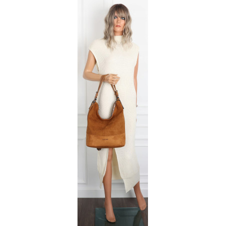 Torebka damska shopper worek zamsz A4 elegancka lekka torba S397 Brązowa