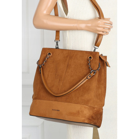 Torebka damska shopper worek zamsz elegancka lekka duża torba S396 Brązowa