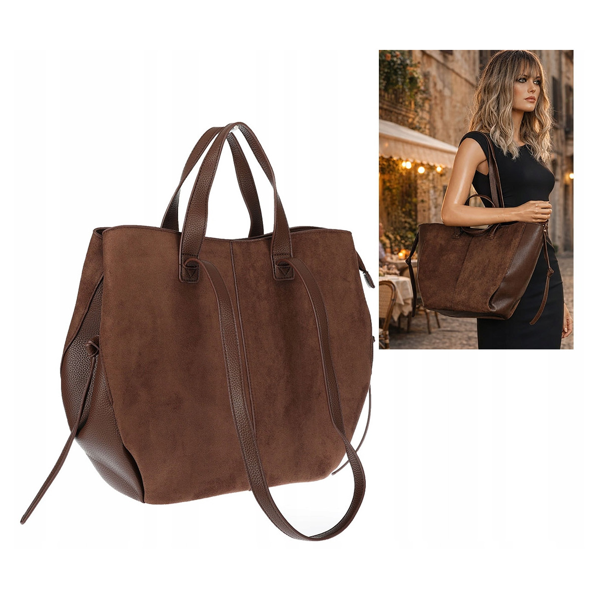 Torebka Damska Shopperka łódka Pojemna Duża Torba zamszowa R961 Czekoladowa