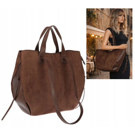 Torebka Damska Shopperka łódka Pojemna Duża Torba zamszowa R961 Czekoladowa