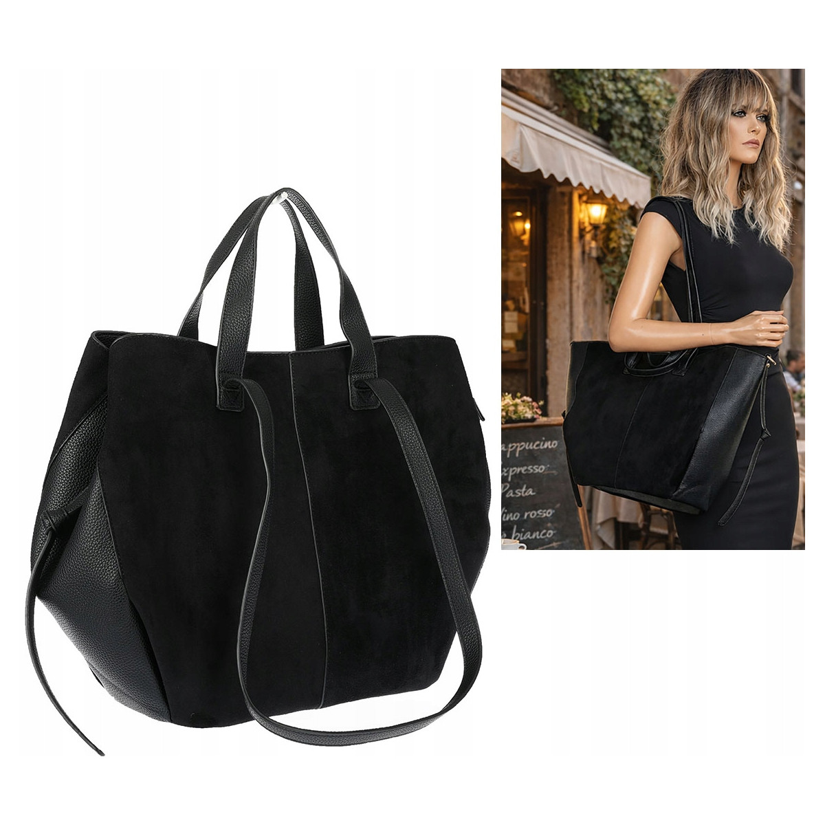 Torebka Damska Shopperka łódka Pojemna Duża Torba zamszowa R961 Czarna