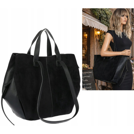 Torebka Damska Shopperka łódka Pojemna Duża Torba zamszowa R961 Czarna