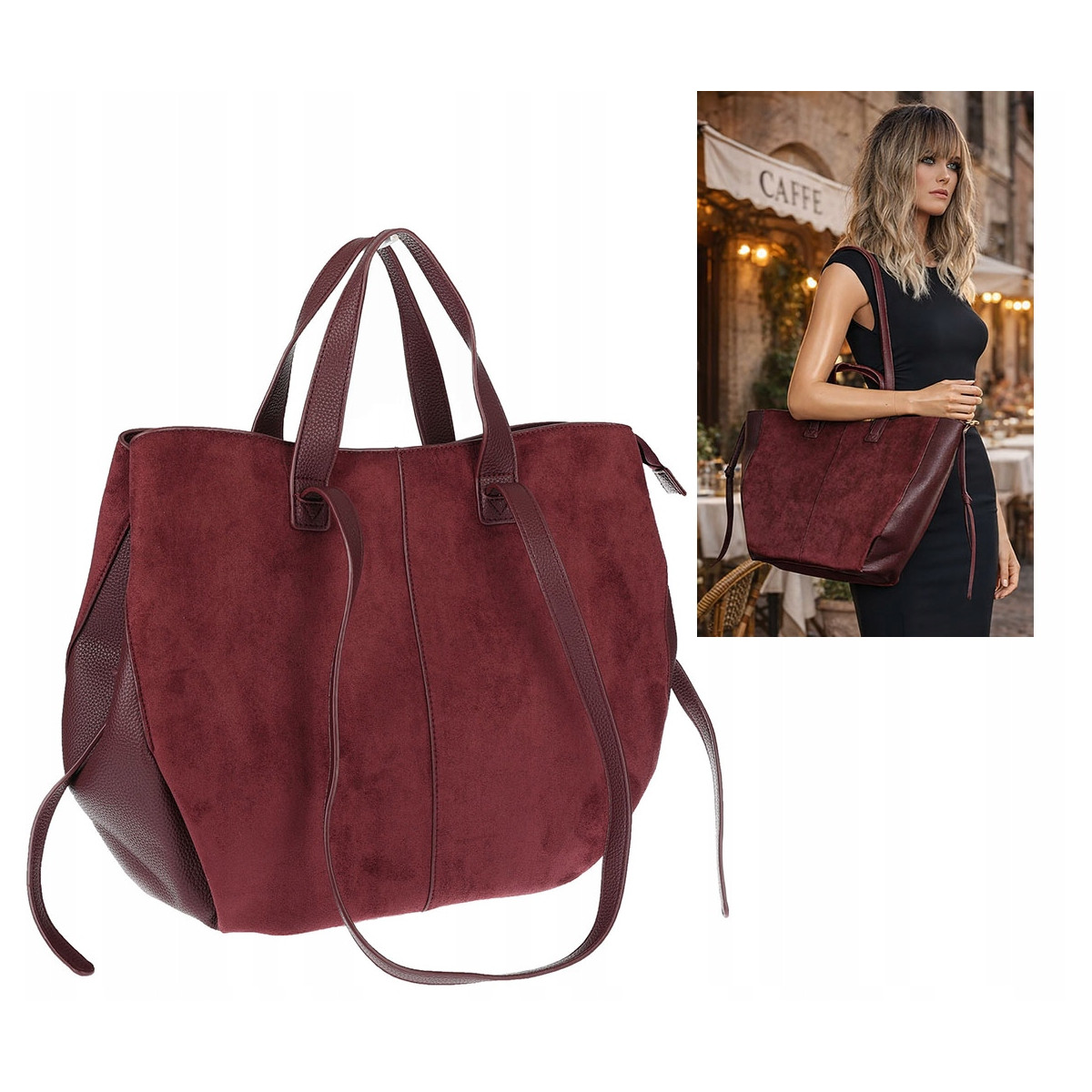 Torebka Damska Shopperka łódka Pojemna Duża Torba zamszowa R961 Bordowa