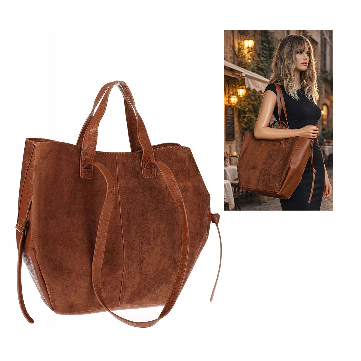 Torebka Damska Shopperka łódka Pojemna Duża Torba zamszowa R961 Brązowa