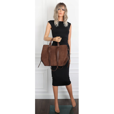 Torebka Damska Shopperka łódka Pojemna Duża Torba zamszowa R961 Czekoladowa