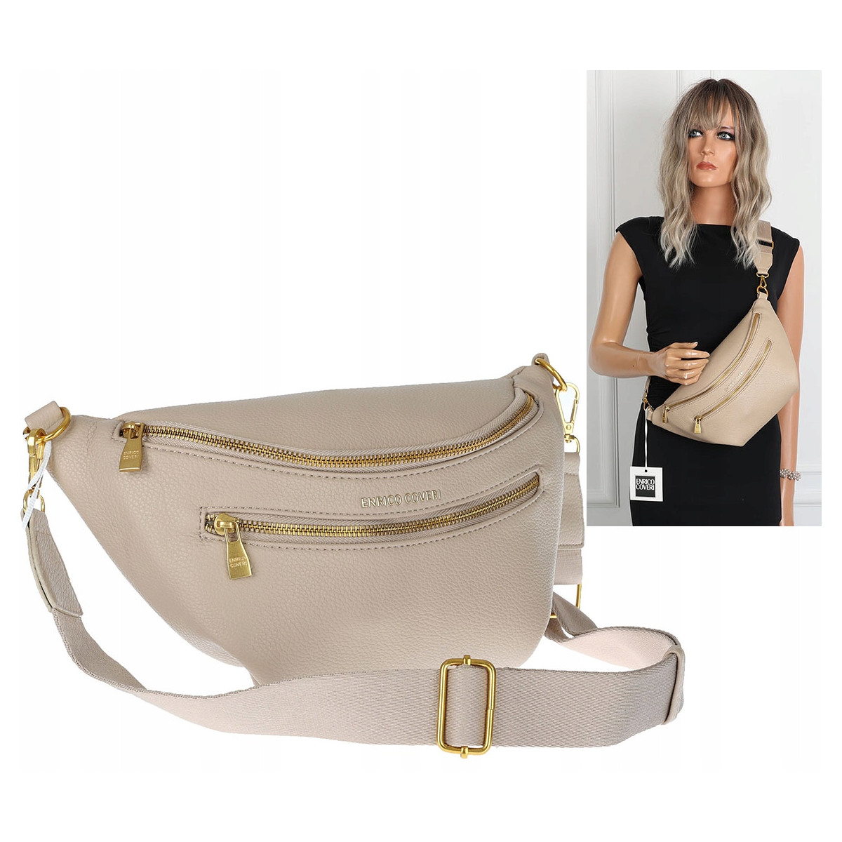Torebka Damska nerka Listonoszka włoskiej marki Enrico Coveri EC2151 Beżowa