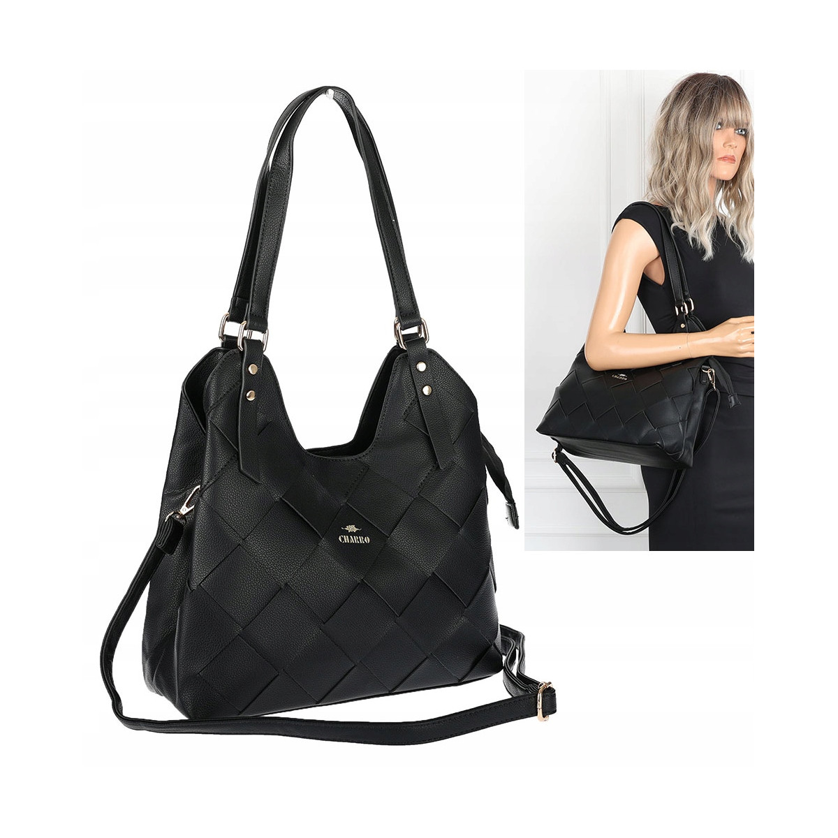 Torebka Damska Shopper Modna Pojemna A4 Torba na Ramię Pasek CH3357 Czarna