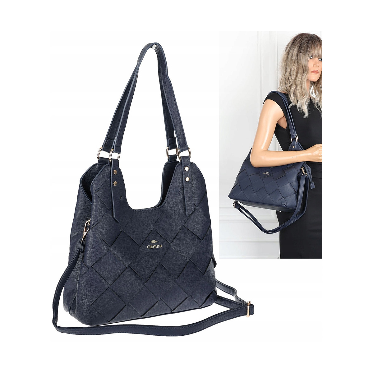 Torebka Damska Shopper Modna Pojemna Torba na Ramię Pasek CH3357 Granatowa