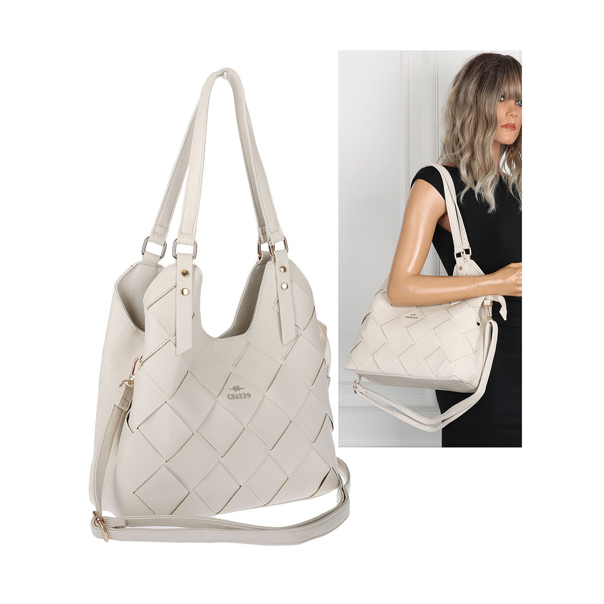 Torebka Damska Shopper Modna Pojemna A4 Torba na Ramię Pasek CH3357 Beżowa