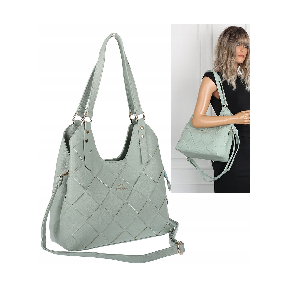 Torebka Damska Shopper Modna Pojemna A4 Torba na Ramię Pasek CH3357 Zielona