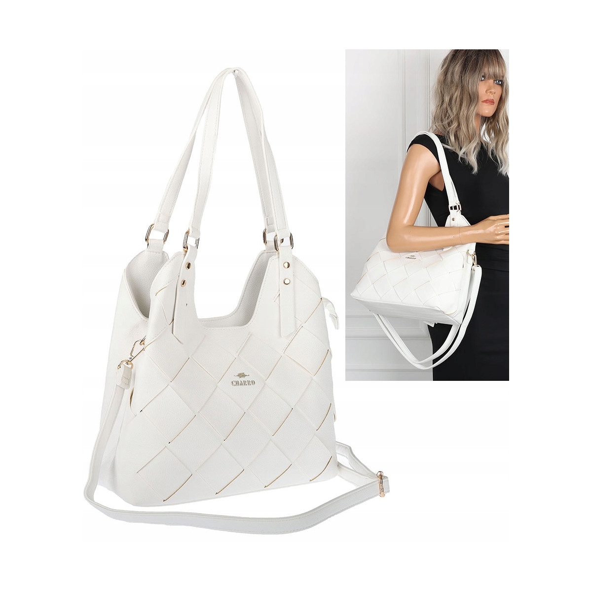 Torebka Damska Shopper Modna Pojemna A4 Torba na Ramię Pasek CH3357 Biała