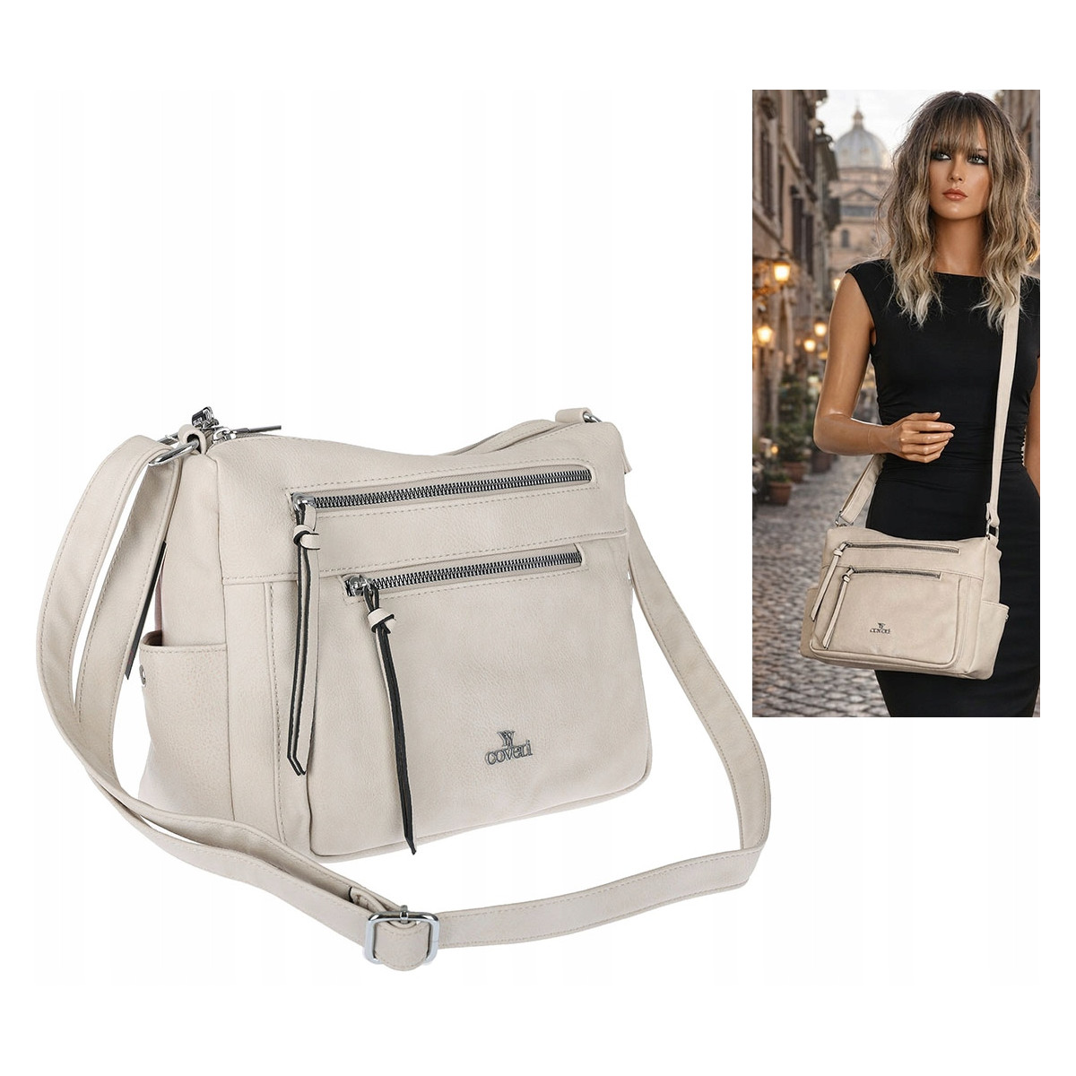 Torebka Damska Listonoszka Modna Pojemna Torba na Ramię Cross L791A Beżowa